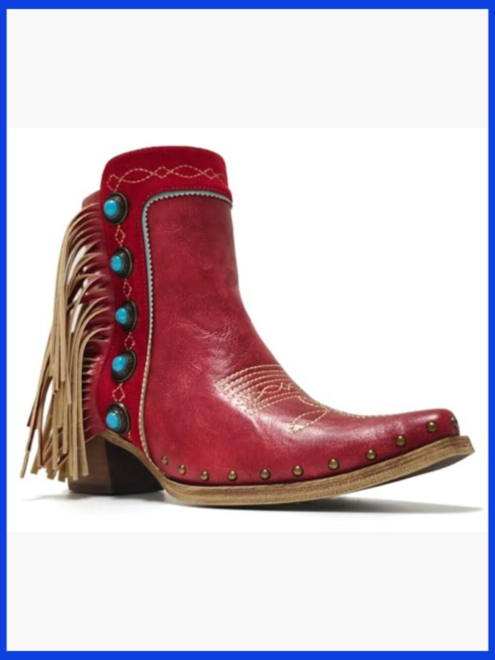 Fringe Studded Cowgirl Ankle Booties with Turquoise Stones - Picture 3 of 7